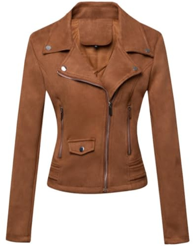 ANUFER Mujeres Piel Sintética de Gamuza Chaqueta Motera Fresco Cremallera Cruzada Abrigo Corto SD5A1212 Marrón 2XL