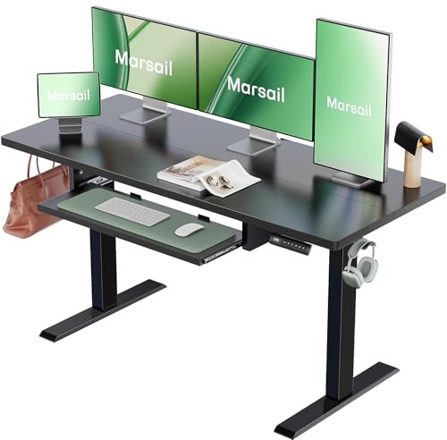 Marsail Elektrischer Stehpult mit ergonomischer Tastaturablage, höhenverstellbarer Schreibtisch mit 69,8 cm bis 118,6 cm Höhenbereich, 4 Speichervoreinstellungen, sanftes und leises Anheben