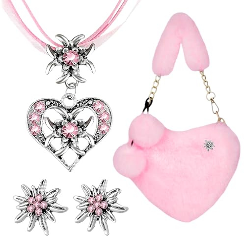 YDUNARISE Trachten Schmuck Set Damen mit Oktoberfest Tasche | Edelweiß Herz Halskette & Ohrringe mit Strass | Plüsch Herztasche | Oktoberfest Accessoires (Rosa)