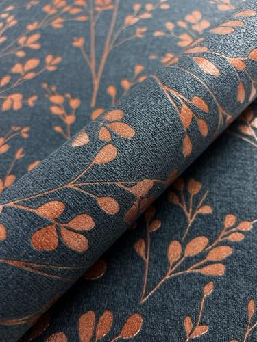 Newroom Vliestapete Blau Kupfer Zweige floral Tapete Wohnzimmer | dunkles Petrol mit orangefarbenen Blättern, Metallic-Schimmer, grobe Webstruktur, Mustertapete, Tapete elegant, Schlafzimmer