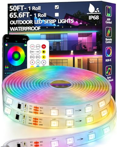 15m RGB+IC LED Streifen,Außenbereich IP68 Wasserdicht,Steuerung mit App/Fernbedienung,Bluetooth Musik Sync Seillicht für Balkone,errassen,Dächer,Gärten,Schwimmbäder
