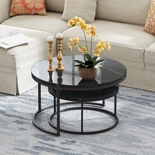 okwish Set mit 2 Runden Couchtischen, satztische fürs Wohnzimmer, Mit Schwarz MDF-Tischplatte schwarzer Metallrahmen, Ideal für Wohnzimmer, Balkon und Büro, Größe 80x45+60x33,5 cm