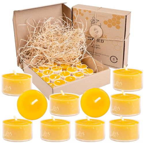 BeesWax World Teelichter aus 100 % natürlichem Bienenwachs | 10-50-teiliges Set mit stabilen Dochten | Ø 37 mm | 4 Std Brenndauer – Metall | Transparent | Weiß – Allergiefrei (Transparent, 25)