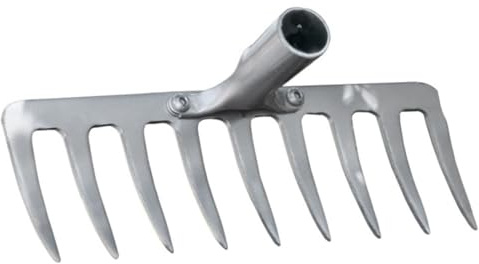 TOBBOMEY Rastrillo de Jardín Resistente con Cabeza de Hierro de Dientes para Remover y Airear Suelo Herramienta Multiusos para Césped y Jardín sin Mango Color Plateado