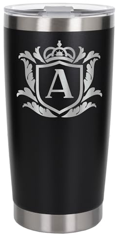 Customised Gifts 500ml Engraved Shield Initial Monogram Insulated Personalised Black Travel Mug for Men and Women - Personalised Initial Coffee Travel Mug for Hot and Cold Beverages, Letter A