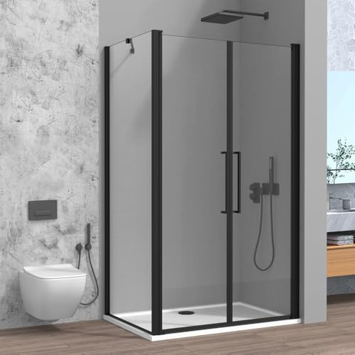 Box Doccia Angolare 70x90 Con Apertura Saloon In Vetro Temperato Trasparente E Profili Nero Opaco - Linea Neos - H 195 Cm E Spessore 6Mm