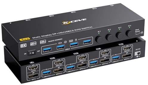 YOUTINGHDAV KVM Switch 4 PC 2 HDMI DisplayPort-skärm, USB 3.0 KVM-switch 4 PC 2 skärmar 8K @ 60Hz 4K@144Hz dela mus tangentbord, trådbunden fjärrkontroll (8K DP HD 4 i 2 ut)