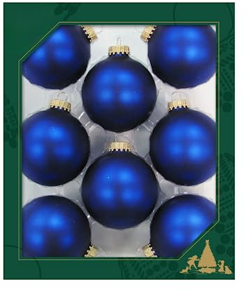 Original LAUSCHAER Julgransprydnad – uppsättning med 8 kulor enfärgad matt satin kungsblå, 6,7 cm, med gyllene krona + 50 snabbhängare i guld gratis att beställa