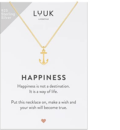 LUUK LIFESTYLE Collar de plata de ley 925 con colgante de ancla y tarjeta de mensaje HAPPINESS playa, resistente al agua, estilo náutico y marino, regalo chica verano, dorado