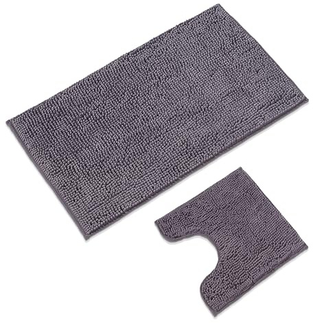 WohnDirect Badematten & Badteppiche Set 2 teilig Grau • WC Vorleger mit Ausschnitt 45x45cm + Badematte rutschfest 70x120cm groß • Badvorleger rutschfest waschbar • Badezimmerteppich ÖkoTex