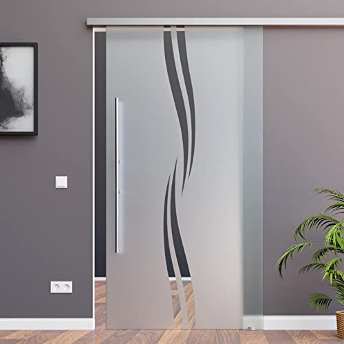 Schiebetürsystem ESG Dekor Satiniert mit klare Dekor M2-Alu mit 30mm Wandabstand (900 x 2050 mm, Soft-Stop Slimline Alu-Schinensystem mit Griffstange 1000mm rund)