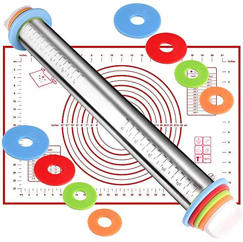 Rouleau à pâtisserie - Acier Inoxydable à 4 disques réglables avec Bague de marquage et Mesure, Rouleau à pâtisserie antiadhésif pour pâte à Tarte Pizza à Tarte Biscuits et pâtisseries