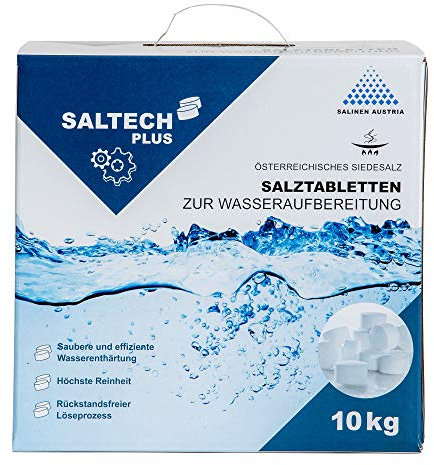 2 x SALTECH Plus Salztabletten 10kg Karton für Wasserenthärtungsanlagen, Entkalkung & Elektrolyse I Hochreines Regeneriersalz (99,9 NaCl) mit höchster Löslichkeit für sauberes & weiches Wasser
