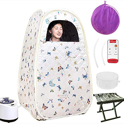 Sauna de vapor portátil plegable de 2.6 litros, sauna personal terapéutica para relajación, desintoxicación en el hogar, con control remoto, silla plegable, temporizador (Pequeñas flores blancas)