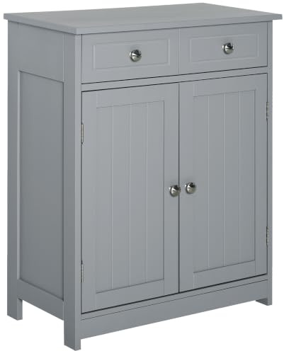 kleankin 75x60cm Freestanding Bathroom Storage Cabinet Unit Grey | 2 Drawers, Cupboard, Adjustable Shelf, Metal Handles, Traditional Style