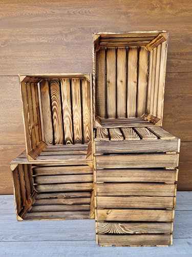 PYXIDAS Cassette in Legno Naturale o Effetto Bruciato 50x40x30 cm – Set Portafrutta Decorativo e Contenitore – Resistente, Pulito, Stile Rustico per Casa o Negozio (Effetto Bruciato, 6)