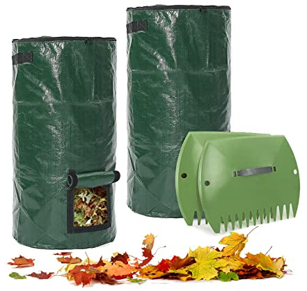 MissFox 2 Stück Gartensack, 45x80cm 128L Gartenabfallsack Set mit Laubsammler, Selbststehender Faltbarer Laubsack mit Deckel & Tragegriff, Großes Kompostbeutel für Garten und Küchenabfälle