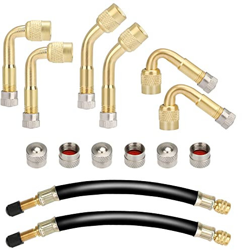 Linkstyle 6 Stück Reifen Ventil Verlängerung Set, Autoventil Kupfer Ventiladapter 45 90 135 Grad Winkelventil mit 2 Stück 180mm Flexible Gummi Reifen Ventilverlängerung für Auto Motorrad Fahrrad