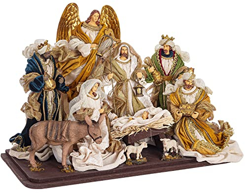 Magie di Natale Geburt mit 3 Könige, Engel und Esel Weihnachtsfiguren mit Kleidung Stoff Statuen für Krippe