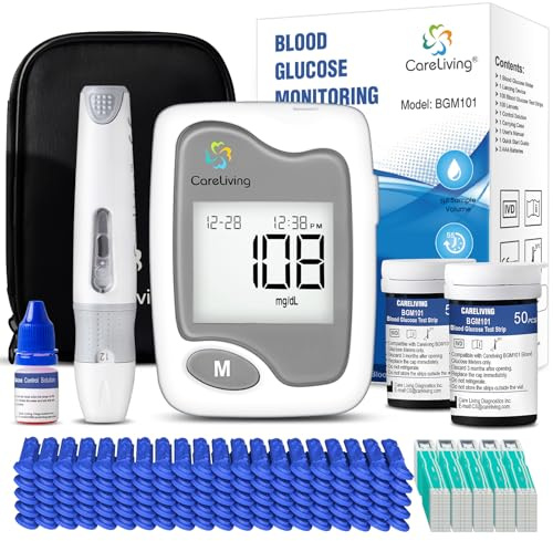 CareLiving BGM101 Blood Glucose Monitor Kit, 100 Test Strips, 100 Lancets, 1 Blood Glucose Meter, 1 Lancing Device, Diabetes Testing Kit, Portable Blood Sugar Test Kit, Glucometer Kit for Home