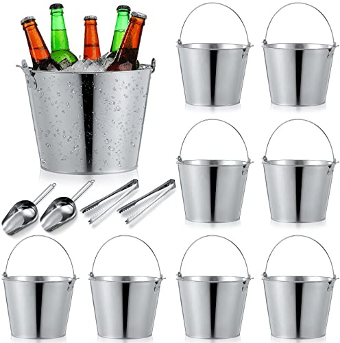Zopeal 12 Pcs Metal Beer Buckets with Ice Shovels and Tongs Stainless Steel Ice Bucket with Handle Round Pails for Summer Pool Wedding Table Centerpiece Party Supplies(Sliver)