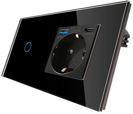 CNBINGO 1-Fach Lichtschalter mit USB Schnellladen Einzelsteckdose, Schwarz | Glas Touch Wandschalter und Schuko Steckdose, 20W USB Schnellladen Wandsteckdose Unterputz, Einfach Schalter mit Status-LED
