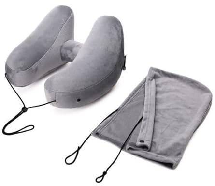 Panlouting Nackenkissen H-Form für die Reise, Aufblasbares Flugzeugkissen, Kopf- und Nackenstütze, Reisekissen mit weichem Veloursbezug Hut und tragbare Tasche mit Kordelzug (Grau)