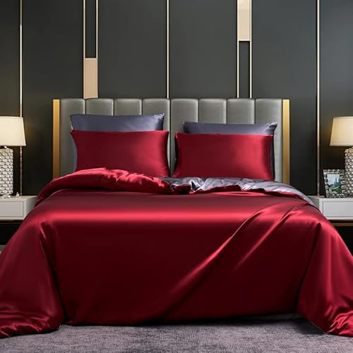 DXHOME Juego de ropa de cama, Colchas de 220 x 240 cm, Sabanas con Cremallera, Satén Brillante, Seda Aesthetic, Rojo y Gris, Reversible, Microfibra, 2 Fundas de Almohada de 80 x 80 cm