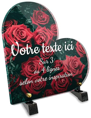 Grabschild in Herzform, personalisierbar, aus Plexiglas, Motiv Rosen, verschiedene Größen, Dicke 6 mm, personalisierbar auf mehreren Linien, 15 x 15 cm
