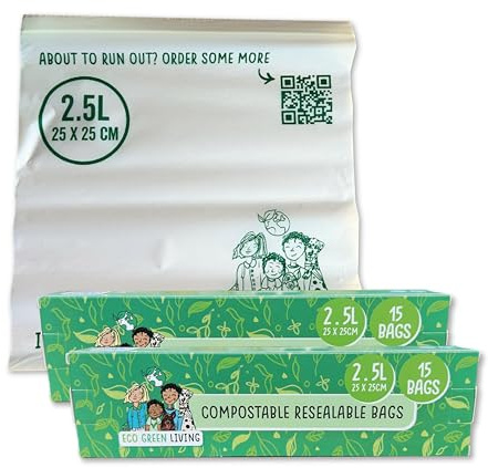 Eco Green Living 2.5L Compostable Food Storage Bags. Plant Based, 100% BPA Free, Zip Lock, Leakproof, Fridge & Freezer Safe, Large Sandwich & Freezer Bags, 25x25cm, 15 Bags