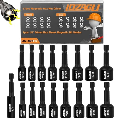 LOZAGU 17PCS Magnetic Nut Driver Set | SAE and Metric | Premium Impact Power Hex Nut Driver Drill Bit Master Kit | 1/4 Inch Hex Shank | Cr-V Steel (17PCS Magnetic Nut Driver (Short))