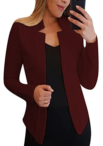 BOFETA Womens Long Sleeve Plain Blazer Open Front Notched Neck Casual Blazer Jacket Wine S