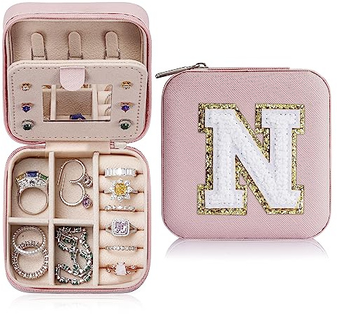 TINGN Geburtstagsgeschenk für Mädchen - Schmuckkästchen Damen Reise Schmuckaufbewahrung Rosa Schmuckschatulle Buchstaben N Schmuckkästchen Kinder Personalisiert Geschenke für Frauen Mädchen Kinder