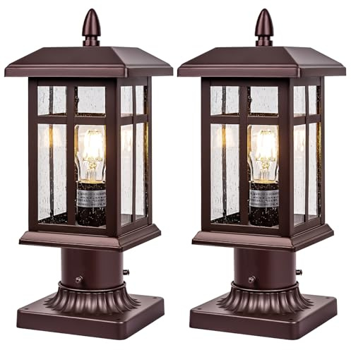 Brilvibera Bronze Post Light 2 Packs, Hardwired Anti-Rust Exterior Post Light Fixture Brown, Waterproof Outside Post Lamps with Pier Mount, Exterior Pole Lantern for Garden Yard Patio Path