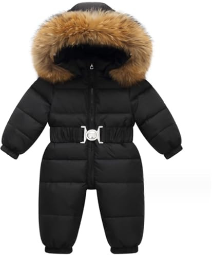 Acuryx Nyfödd spädbarn pojkar flickor snödräkter med avtagbar fuskpäls huva midjeband overall vinter varm outfit vadderad tjock dunjacka, Svart, 4-5 Years