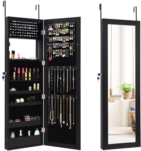 HOMASIS Armoire à bijoux murale et porte, boîte à bijoux avec miroir sur toute la longueur, miroir de maquillage et 12 LED, miroir intérieur et serrure, avec crochets pour chaînes et boucles