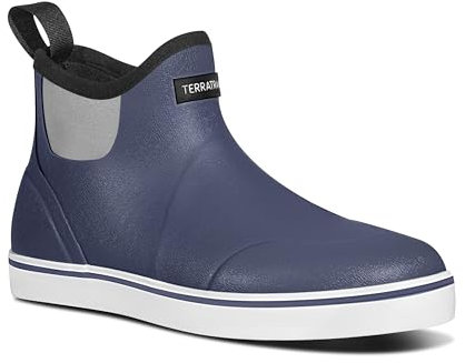 TerraTrax Men's Waterproof Deck Boots, Anti-Slip Rubber Rain Boot for Fishing, Farming & Gardening - Slip On Neoprene Chelsea Shoes with Memory Foam, GreyBlue & Size 10