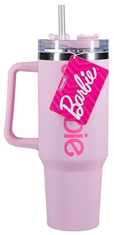 Paladone Barbie Official Licensed Pink Logo H2O Bottle, Stainless Steel Vacuum Insulated Tumbler with Lid and Straw for Water, Iced Tea or Coffee