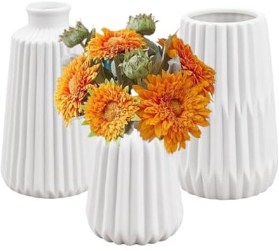 HEKOBAG 3 Pezzi Vasi in Ceramica Bianca Moderni Decorati - Vaso Alto a Forma Irregolare per Fiori Secchi - Tavolo da Pranzo, Soggiorno (10/15/17cm)
