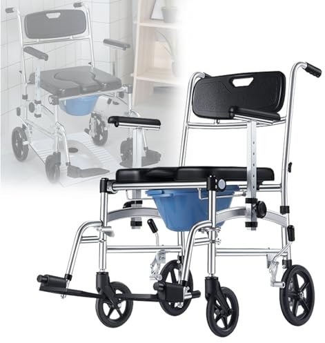 vanenferse Duschstuhl Mit Rollen Und Armlehne, Fahrbarer Toilettenstuhl Faltbar Für Senioren Mit Gepolsterter Sitzplatte Und Eimer, Leicht Tragbar Hygienischer Toilettenstuhl Für Patienten Schwangere