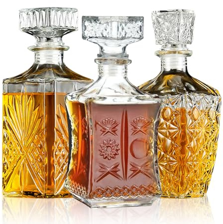 Whiskey Decanter Set of 3, Premium Crystal Spirits Decanter for Scotch, Bourbon, Vodka & Whisky, Ideal Barware & Gift for Men (28oz*2, 31oz*1)