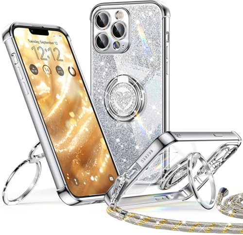 XYZ für iPhone 13 Pro Max Hülle mit Band, Herzen Doppelring Ständer | Luxus Glitzer HandyHülle Kameraschutz, Frauen Stoßfest Elektroplattiert Case Soft TPU SchutzHülle Clear, Silber