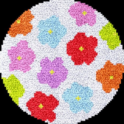 N.LANSHAN Diy Knüpfteppich Knüpfhaken-Sets Für Runde Teppiche Für Erwachsene，Bunte Blumen，Diy-Knüpfhaken-Teppich-Sets，Häkelset Für Anfänger，Teppich-Sets Mit Bedruckter Leinwand，Geschenk 19x19in