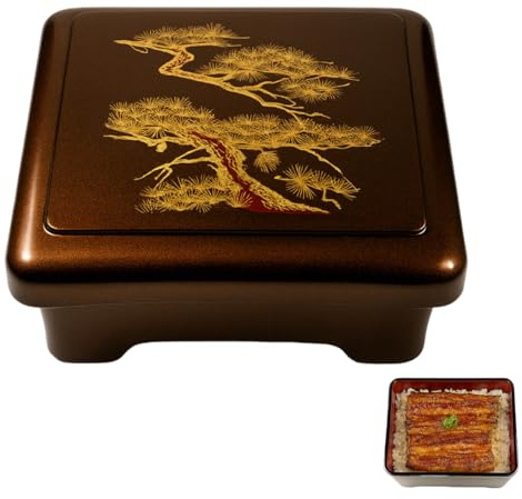 JapanBargain 4121, Japanese Unagi Don Box Bento Box Donburi Poke Container Traditional Japanese Lacquered Lunch Box,Made in Japan, Gold Pine (1, Gold)