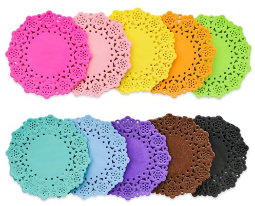 Craftask 200 Stück 7,6 cm runde farbige Spitzendeckchen aus Papier, sortiert, 10 Farben, Mini-Papierdeckchen für Tische, Handwerk, Hochzeitsfeier und Geschirrdekoration