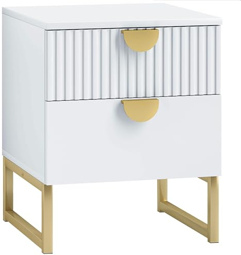 HOMCOM Table de nuit avec 2 tiroirs, table d'appoint, table de nuit avec poignées en finition dorée, table de nuit pour chambre à coucher, salon, 40 x 40 x 50 cm, blanc