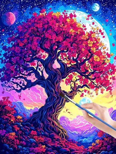Tree malen nach zahlen, malen nach zahlen erwachsene Landschaft, malen nach zahlen leinwand mit Pinsel und Acrylfarben für Anfänger und Kinder, Home Deko aesthetic, Geschenk - 40x50 cm Rahmenlos 1P-3