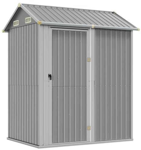 KOIECETA Gerätehaus Gartenhaus mit Schrägdach Tür Gartenschuppen Schuppen mit Stauraum Geräteschuppen Metallschuppen Hellgrau 192x152,5x237 cm Verzinkter Stahl