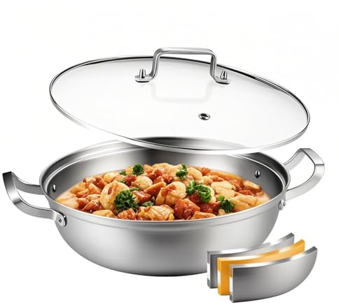 DELARLOCHEF Cocotte en acier inoxydable 35 cm – Robuste, Multicouche & Résistant au lave-vaisselle – Pour 10 à 12 personnes, Prête pour les grands rassemblements