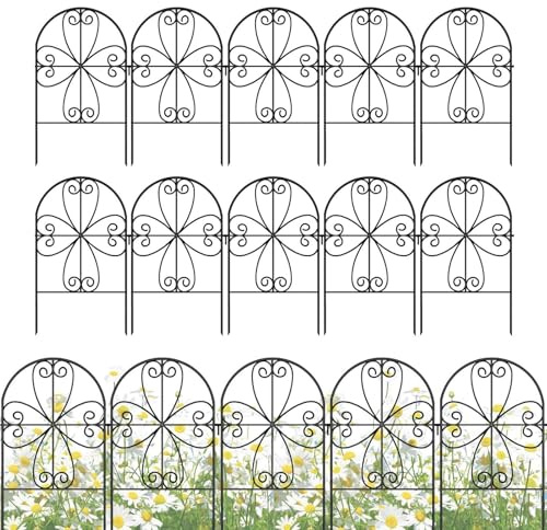 Lot de 10 panneaux de clôture en fer forgé - Clôture d'animaux pour le jardin - Métal résistant à la rouille sans clôtures - Bordure décorative pour pelouse, animaux de compagnie, chiens, terrasses